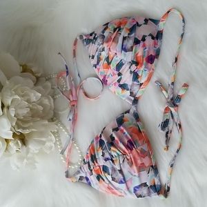 Triangle Push-Up Style String Bikini Top Abstract Print Ruched Detail